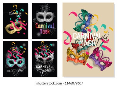 Happy carnival festive concept set. Collection of color mask, lips,ribbons,eyelash and confetti. For poster,placard,wallpaper,backdrop and web site. Vector illustration. 