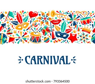 Happy Carnival Festive Horizontal Seamless with Drum Mask and Fireworks Isolated on White Background