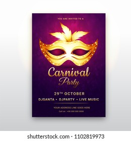 Happy carnival festive , invitation card with golden masquerade mask on purple background.