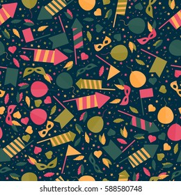 Happy Carnival Festive Seamless Pattern with Mask Firework Rocket Stars and Confetti