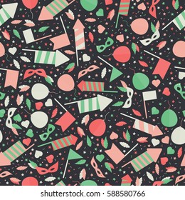 Happy Carnival Festive Seamless Pattern with Mask Firework Rocket Stars and Confetti