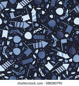 Happy Carnival Festive Seamless Pattern with Mask Firework Rocket Stars and Confetti