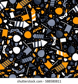 Happy Carnival Festive Seamless Pattern with Mask Firework Rocket Stars and Confetti