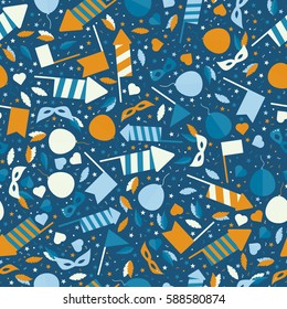 Happy Carnival Festive Seamless Pattern with Mask Firework Rocket Stars and Confetti