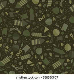 Happy Carnival Festive Seamless Pattern with Mask Firework Rocket Stars and Confetti
