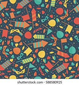 Happy Carnival Festive Seamless Pattern with Mask Firework Rocket Stars and Confetti