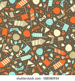 Happy Carnival Festive Seamless Pattern with Mask Firework Rocket Stars and Confetti