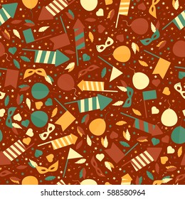 Happy Carnival Festive Seamless Pattern with Mask Firework Rocket Stars and Confetti