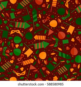 Happy Carnival Festive Seamless Pattern with Mask Firework Rocket Stars and Confetti