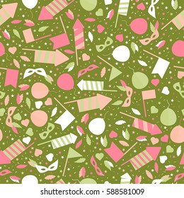 Happy Carnival Festive Seamless Pattern with Mask Firework Rocket Stars and Confetti