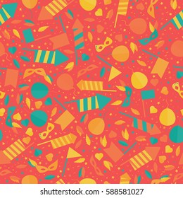 Happy Carnival Festive Seamless Pattern with Mask Firework Rocket Stars and Confetti