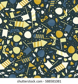 Happy Carnival Festive Seamless Pattern with Mask Firework Rocket Stars and Confetti