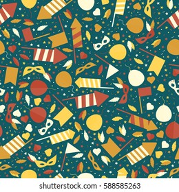 Happy Carnival Festive Seamless Pattern with Mask Firework Rocket Stars and Confetti