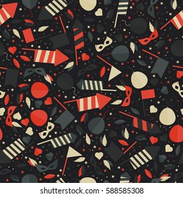 Happy Carnival Festive Seamless Pattern with Mask Firework Rocket Stars and Confetti