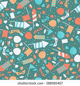 Happy Carnival Festive Seamless Pattern with Mask Firework Rocket Stars and Confetti