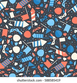 Happy Carnival Festive Seamless Pattern with Mask Firework Rocket Stars and Confetti