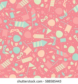 Happy Carnival Festive Seamless Pattern with Mask Firework Rocket Stars and Confetti