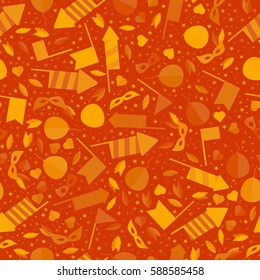 Happy Carnival Festive Seamless Pattern with Mask Firework Rocket Stars and Confetti
