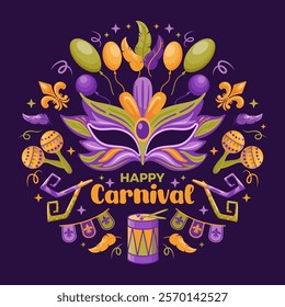 Happy carnival. Holiday illustration. Carnival masks. Garlands of flags. Musical instruments, balloons. Vector illustration For Poster, Flyer, Postcard, T-shirts, design element. square banner