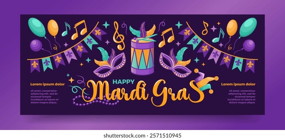 Happy carnival. Holiday illustration. Carnival masks. Garlands of flags. Musical instruments, balloons. Vector illustration For Poster, Flyer, horizontal banner.