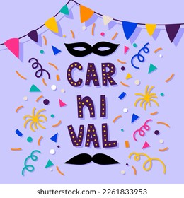 Happy Carnival. Lettering, garland and symbols. Carnival party banner. Vector illustration, flat design