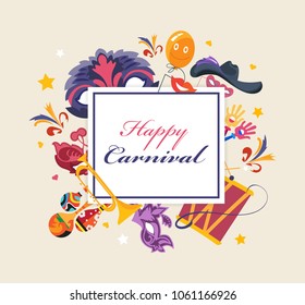 Happy carnival, masquerade, party and festive accessories. Carnaval card with square photo frame. Masquerade decorative masks and decorations, musical instruments, gifts. Illustration isolated.
