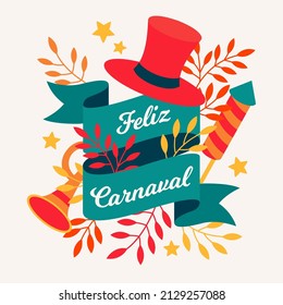 
Happy Carnival. Post for social media. Hat, trumpet and fireworks.