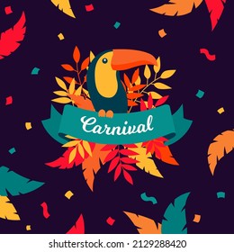 Happy Carnival. Post for social media. Toucan and feathers.