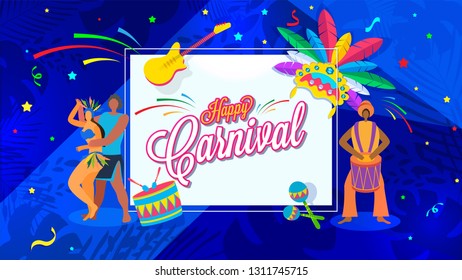 Happy Carnival poster or banner design with dancing people character and other festival elements on blue background.