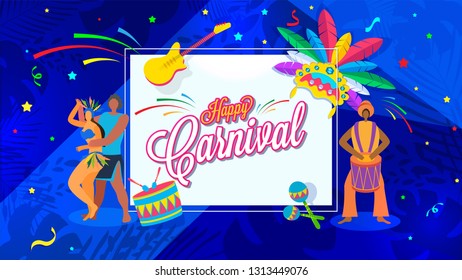 Happy Carnival poster or banner design with dancing people character and other festival elements on blue background.