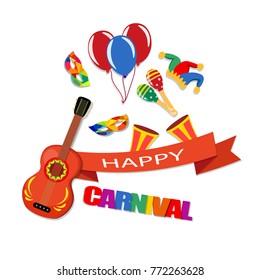 Happy Carnival. A tape with an inscription, a guitar, a cap, masks, balloons, maracas, drums. Vector illustration