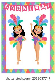 Feliz Carnaval. Jovens Meninas Brasileiras usando uma fantasia de bailarina de samba.  Personagens de desenhos animados bonitos isolados em fundo colorido para suas obras criativas. Ilustração vetorial.