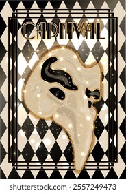 Happy  carnival zanni mask Scaramuccia, card in art deco style , vector illustration