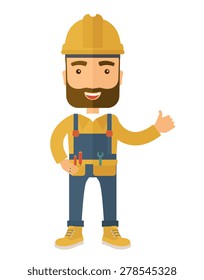 A happy carpenter standing wearing hard hat and overalls. A Contemporary style. Vector flat design illustration isolated white background. Vertical layout.