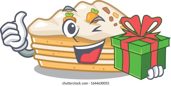 Happy carrot cake character having a gift box