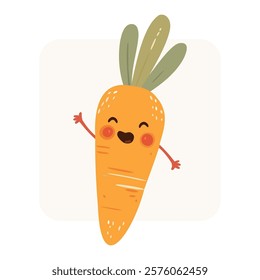 Happy carrot character with arms raised!  Bright orange, cheerful expression, simple design. Perfect for kids, healthy food, or fun projects. Vector illustration.
