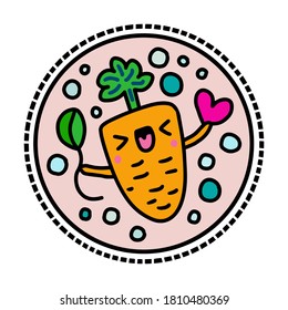 Happy carrot hand drawn vector logotype sticker in cartoon comic style expressive vegetable