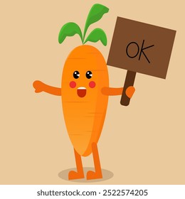 Happy carrot illustrations waving hand holding empty banner or board sign with ok text