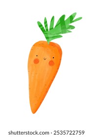 Happy Carrot on White. Cartoon of Carrot Isolated On A White Background. Funny Hand Drawn Kawaii Style Carrot. Cute Nursery Art With Happy Vegetable. Healthy Food. RGB. 