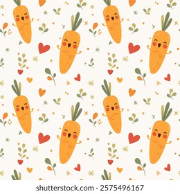 Happy carrot repeat pattern. Great for kitchen decor, food packaging, and organic product branding.