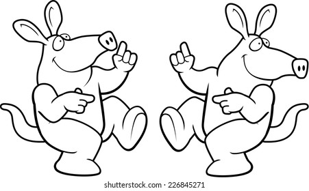 A happy cartoon aardvark dancing and smiling.