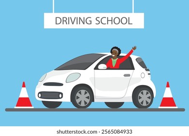 Happy cartoon african american female character sitting in white driving school car. Outdoor view. Design concept drivers education, flat vector illustration