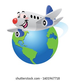 happy cartoon airplane flying around the globe