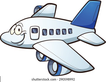 Happy cartoon airplane. Vector clip art illustration with simple gradients. Airplane and face on separate layers. 