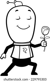 A happy cartoon alien with a flower.