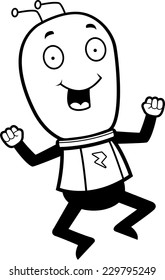 A happy cartoon alien jumping and smiling.