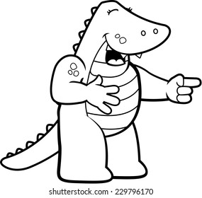 A happy cartoon alligator pointing and laughing.