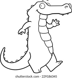 A happy cartoon alligator walking and smiling.