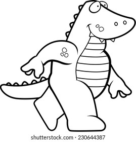 A happy cartoon alligator walking and smiling.