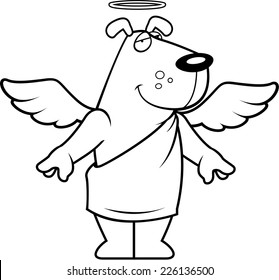 A happy cartoon angel dog with wings and a halo.